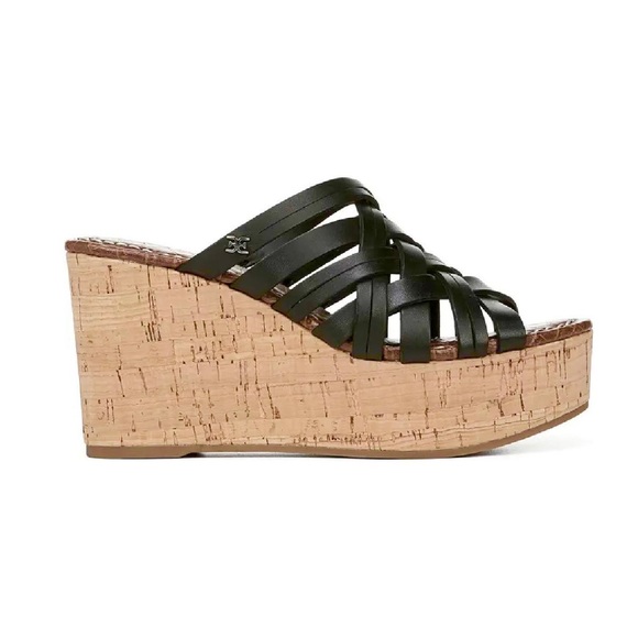 Sam Edelman Devon Wedge Leather Sandal Black 9 - Picture 3 of 7